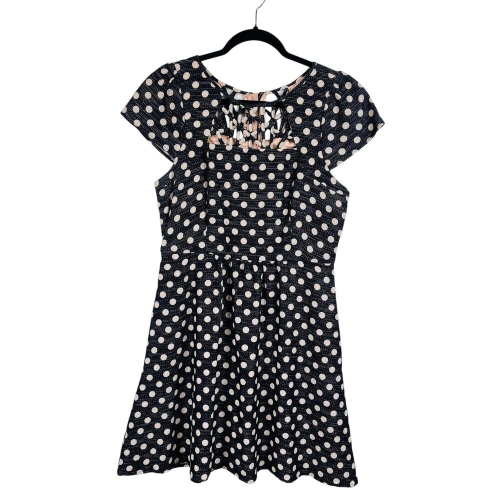 Maeve Dress Womens Large 10 Black White Polka Dot Lattice Back Party Fit Flare